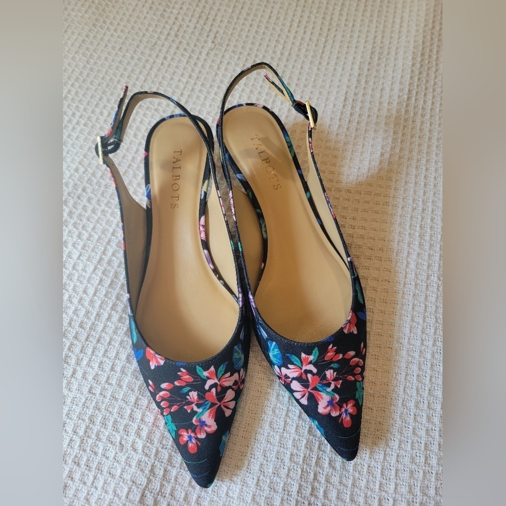 Talbots Women's Floral Slingback Heels - Black - Picture 1 of 11
